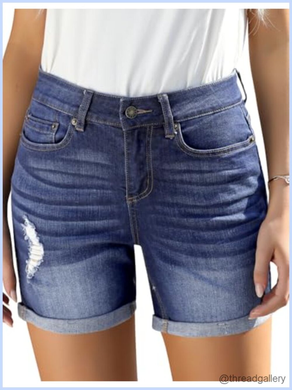 High Waisted Distressed Folded Hem Stretch Jean Denim Shorts
